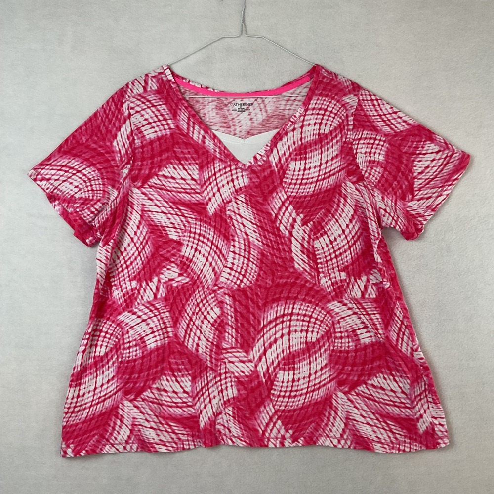 Catherines Womens 1X 18/20W Pink White Abstract Tie Dye V-Neck Cotton Top